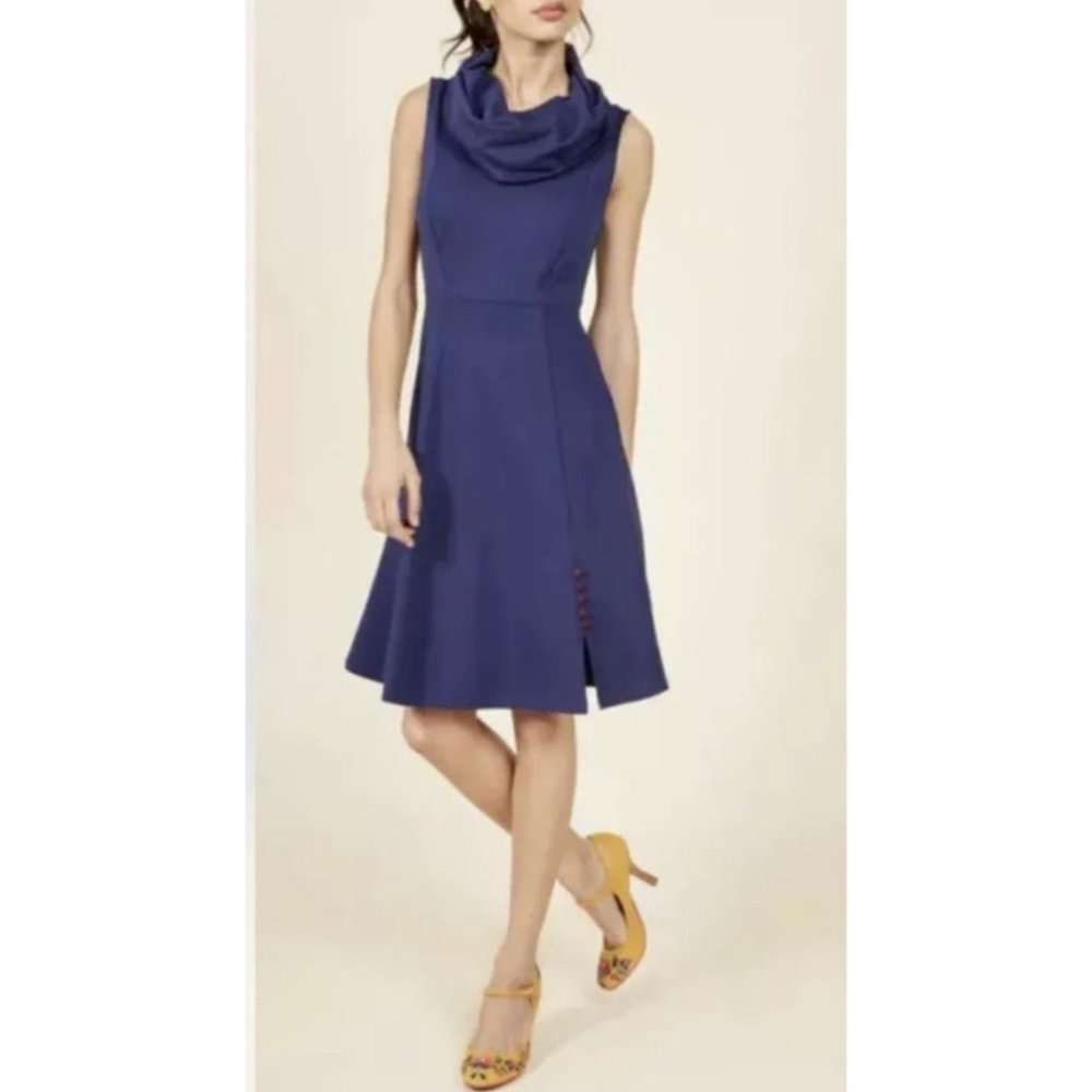 Anthropologie ModCloth A Line Dress L Large Blue Collared Stretch Career NEW